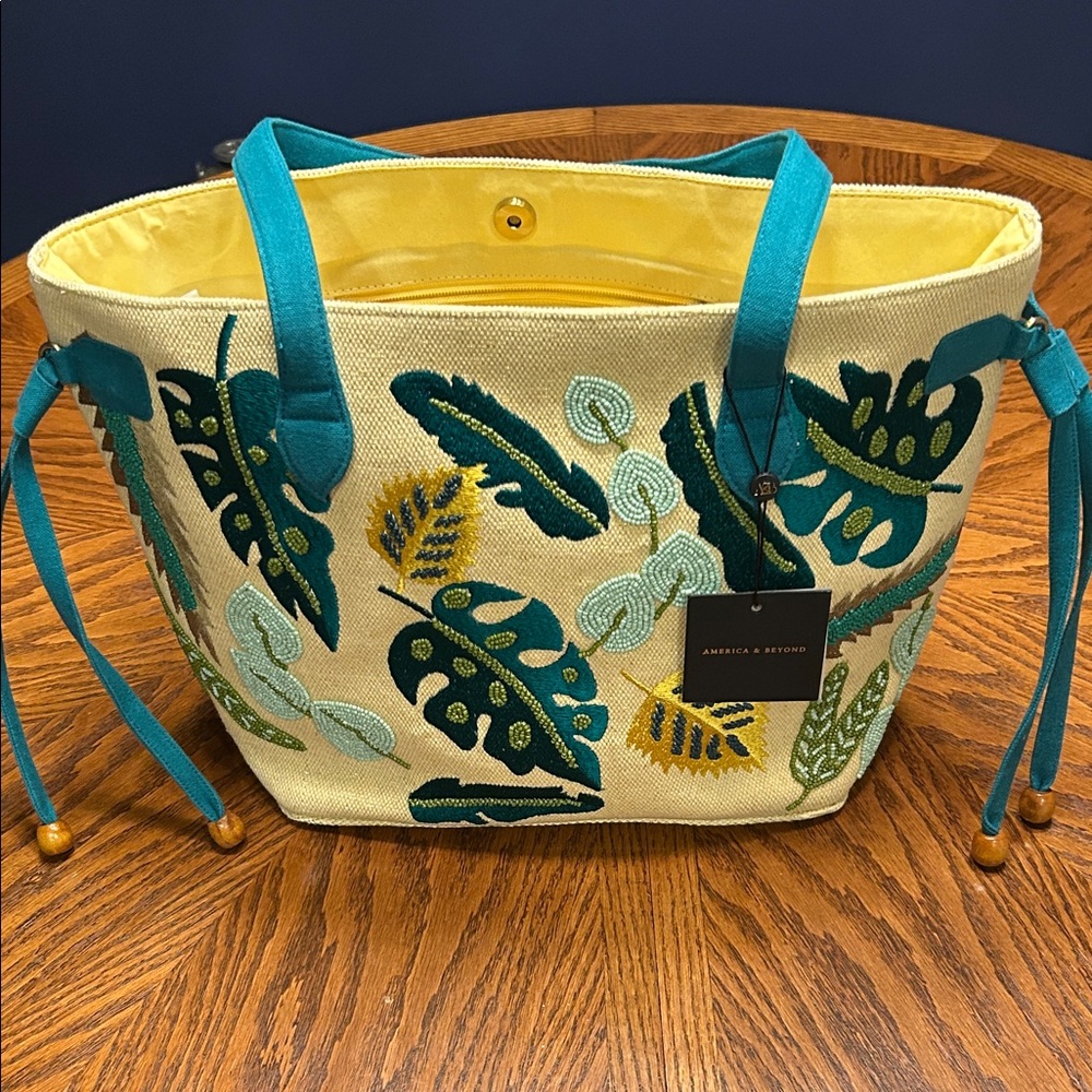 NWT America and Beyond Jungle Forestry Hand Beaded Tote - Yellow and Green - Picture 3 of 16
